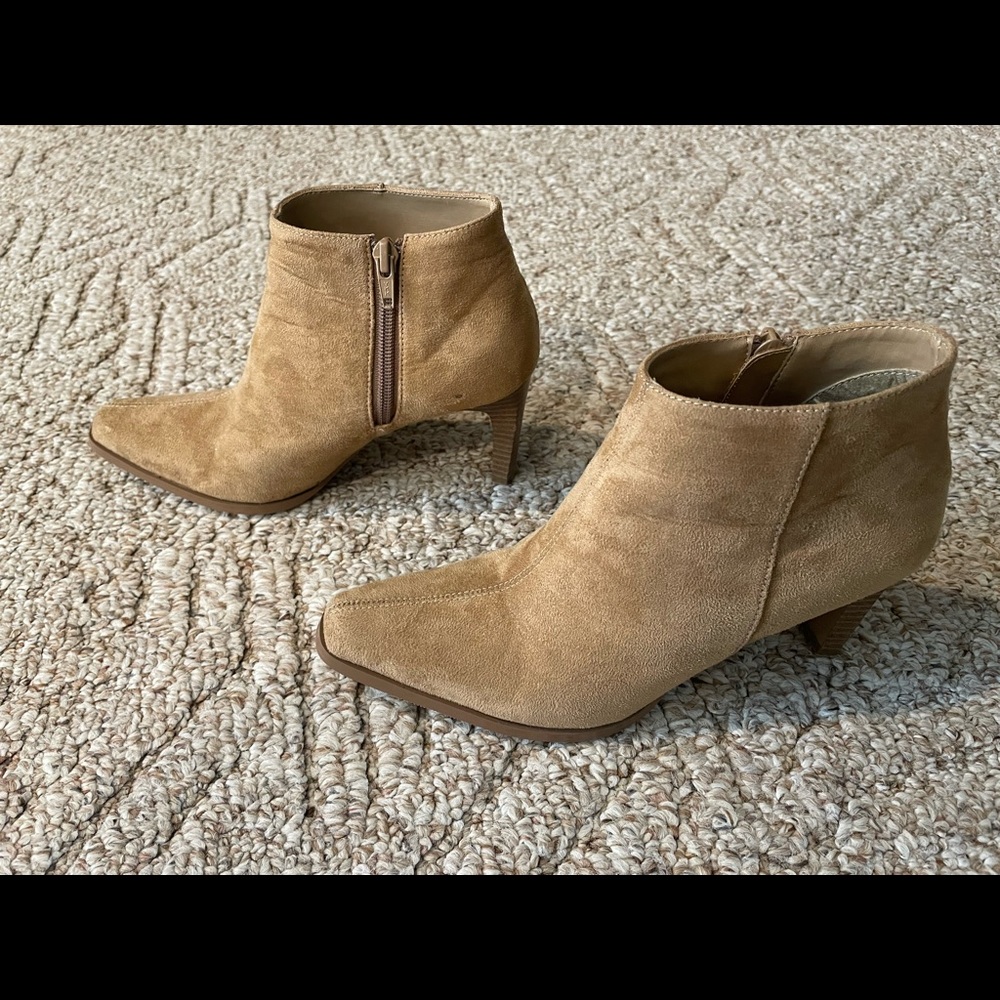 Tan suede bootie in excellent condition with 3 inch heel